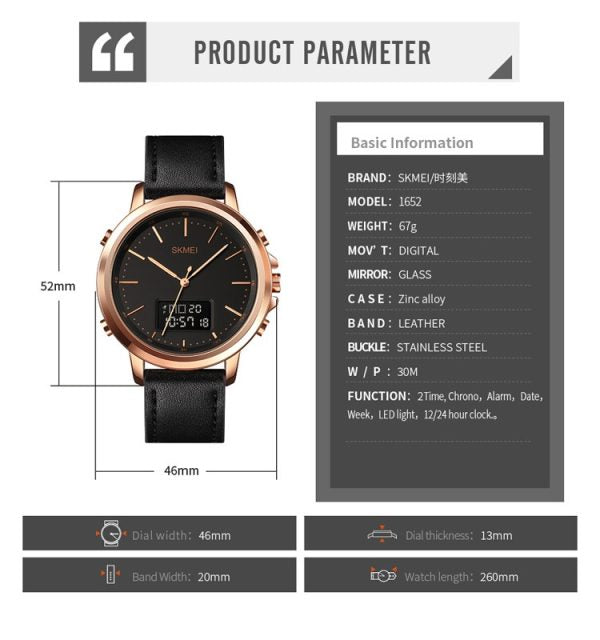 Skmei Men’s Fashion Digital Watch Analog Leather Multifunctional Waterproof Men’s Watch 1652 | Skemi Men Digital Analog Watch
